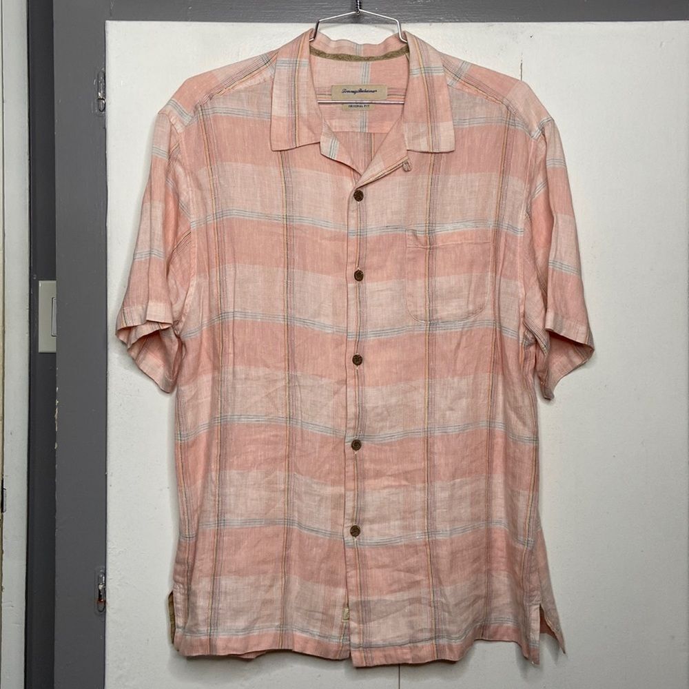 Tommy bahama men short sleeve button up shirt large 100 linen orange coral plaid